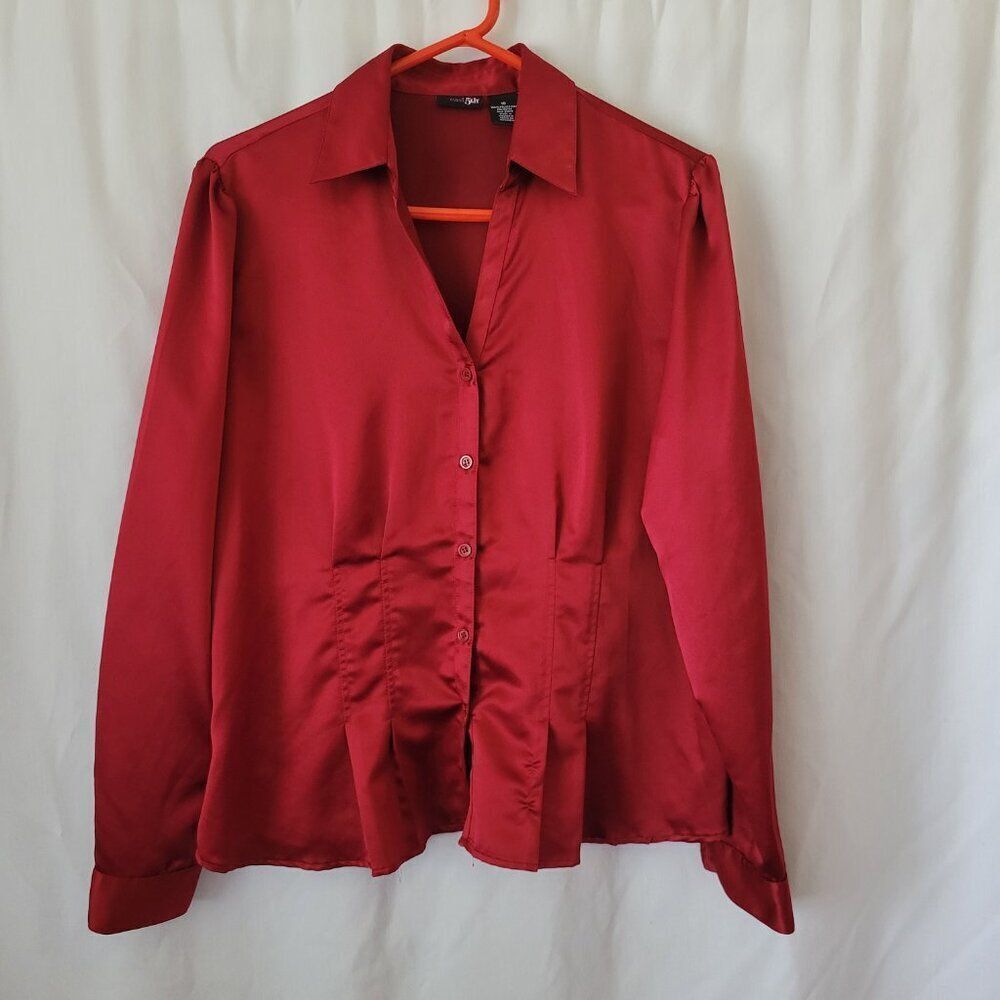 East 5th Blouse Red silky Retro pleats sz 18 Y2K Vtg romantic corporate 90s EUC